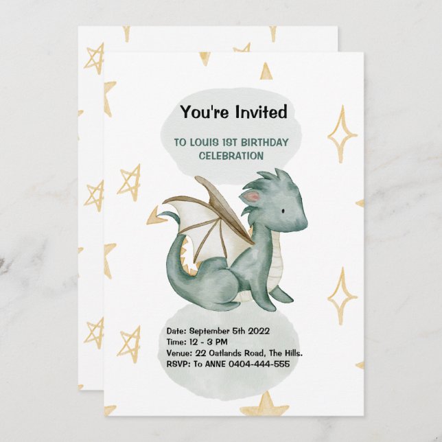 Invitation anniversaire d'aquarelle dragon (Devant / Derrière)