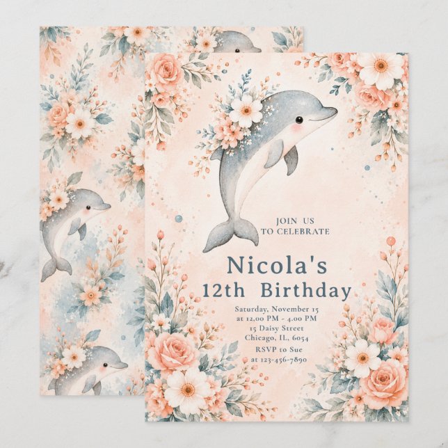 Invitation Anniversaire Dauphin Floral (Devant / Derrière)