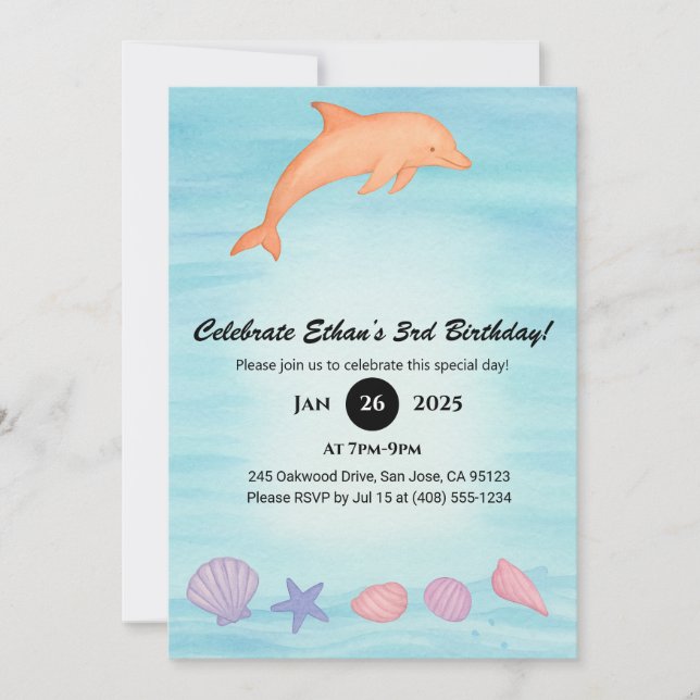 Invitation Anniversaire dauphin rose et plage de coquillages  (Devant)