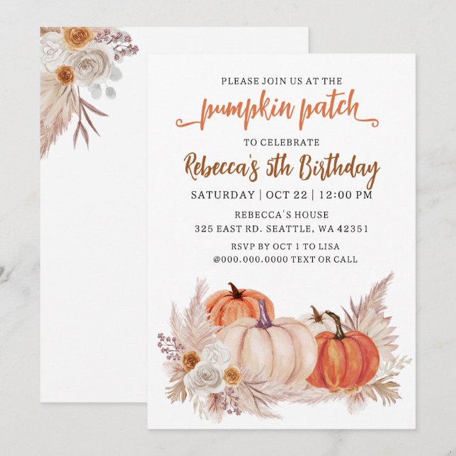 Invitation Anniversaire d'automne Patch de citrouille orange  (Devant / Derrière)