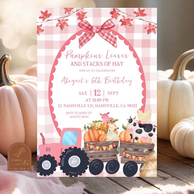 Invitation Anniversaire d'automne rose animaux de la ferme  (Créateur téléchargé)