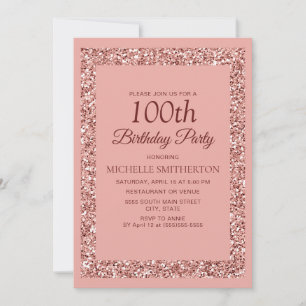 Invitation Anniversaire de 100 ans Femme Paillettes Rose Élég