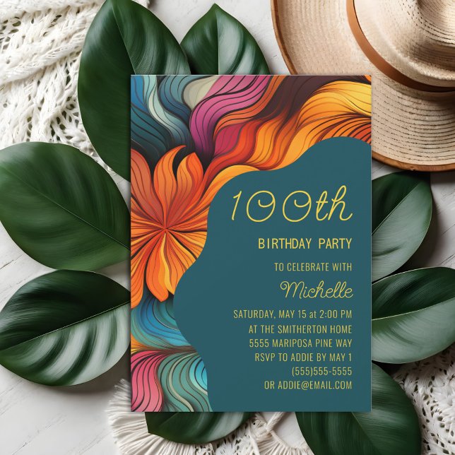 Invitation Anniversaire de 100 ans rétro moderne sarcelle ora (Orange and teal retro-style 100th birthday party invitation)