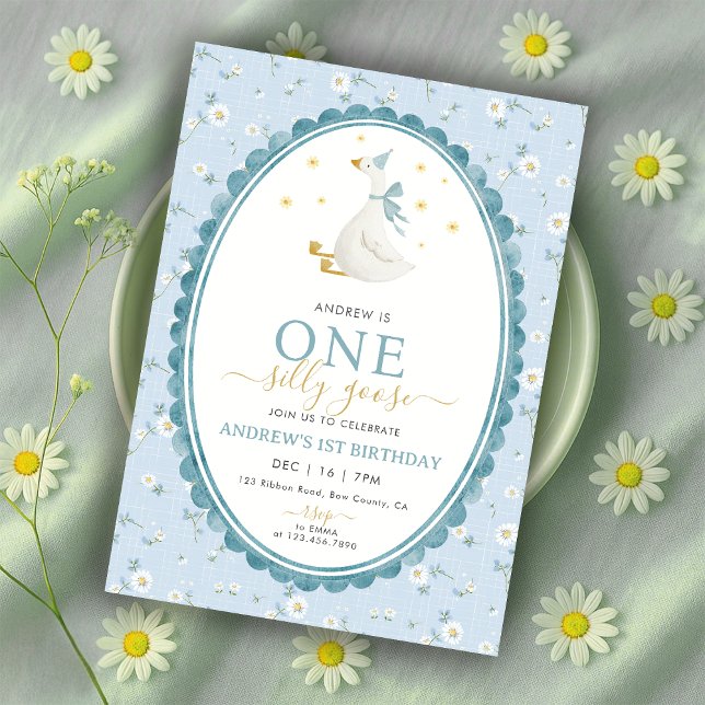 Invitation Anniversaire de 1 an de Blue Floral One Silly Goos (Créateur téléchargé)
