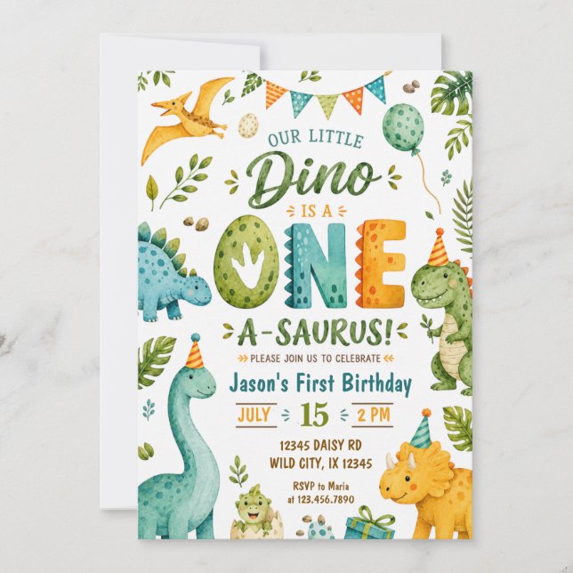 Invitation Anniversaire de 1 an de dinosaure à l'aquarelle (Devant)