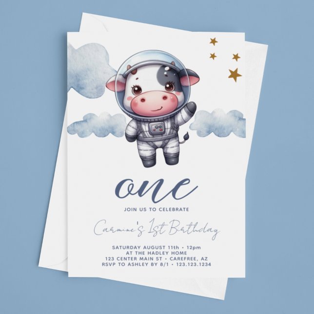 Invitation Anniversaire de 1 an de l'Astronaute Vache Bébé (Créateur téléchargé)
