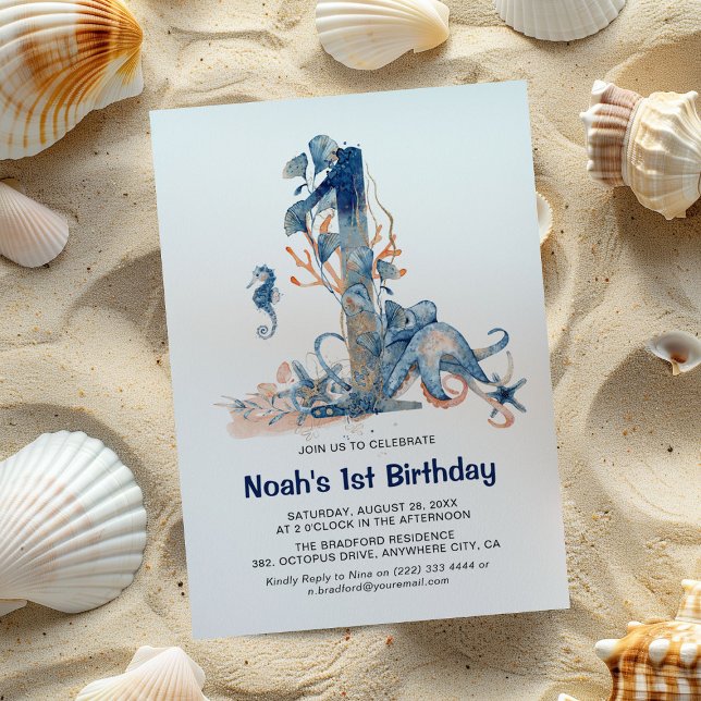 Invitation Anniversaire de 1 an garçon sous l'océan aquarelle (Créateur téléchargé)