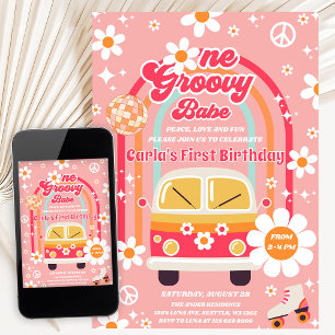 Invitation Anniversaire de 1 an Retro Hippie Arc-en-ciel Une