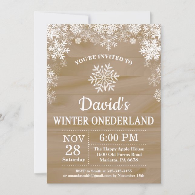 Invitation Anniversaire de 1 an Rustique Flocon de neige Oned (Devant)
