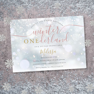 Invitation Anniversaire de 1 an Winter Onederland Rose et Or