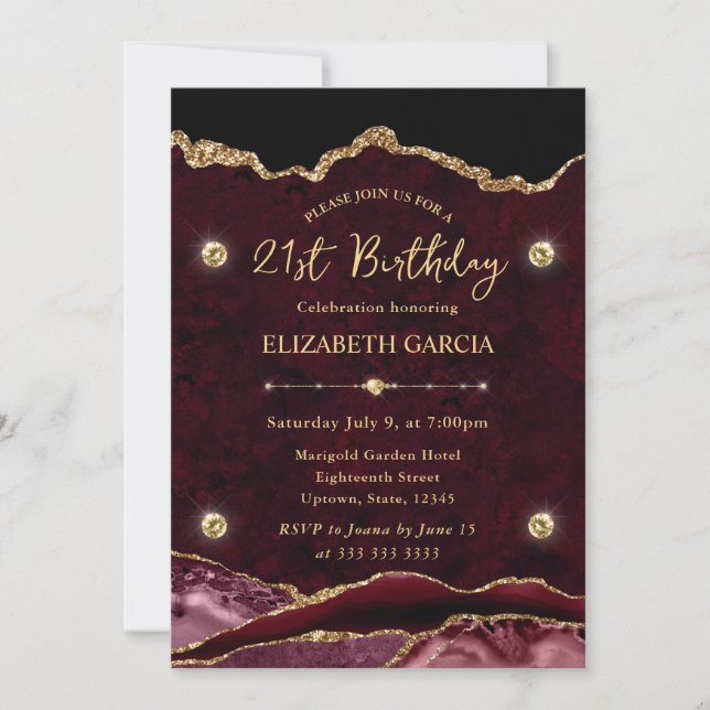 Invitation Anniversaire de 21 ans Agate Pailleté Rouge et Or (Devant)