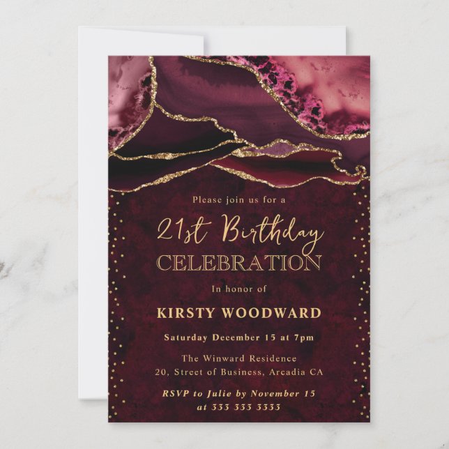 Invitation Anniversaire de 21 ans Agate Pailletée Rouge et Or (Devant)