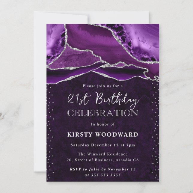 Invitation Anniversaire de 21 ans Agate Pailletée Violet et A (Devant)