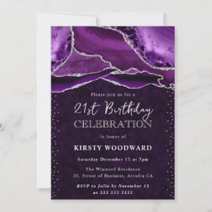 Invitation Anniversaire de 21 ans Agate Pailletée Violet et A