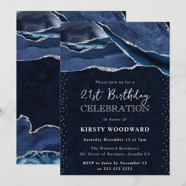 Invitation Anniversaire de 21 ans Blue et Argent Paillettes A (Devant / Derrière)