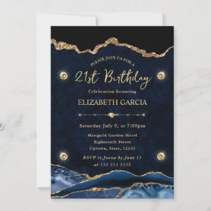 Invitation Anniversaire de 21 ans élégant bleu et or pailleté