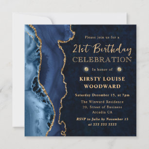 Invitation Anniversaire de 21 ans Elegant Blue and Gold Glitt