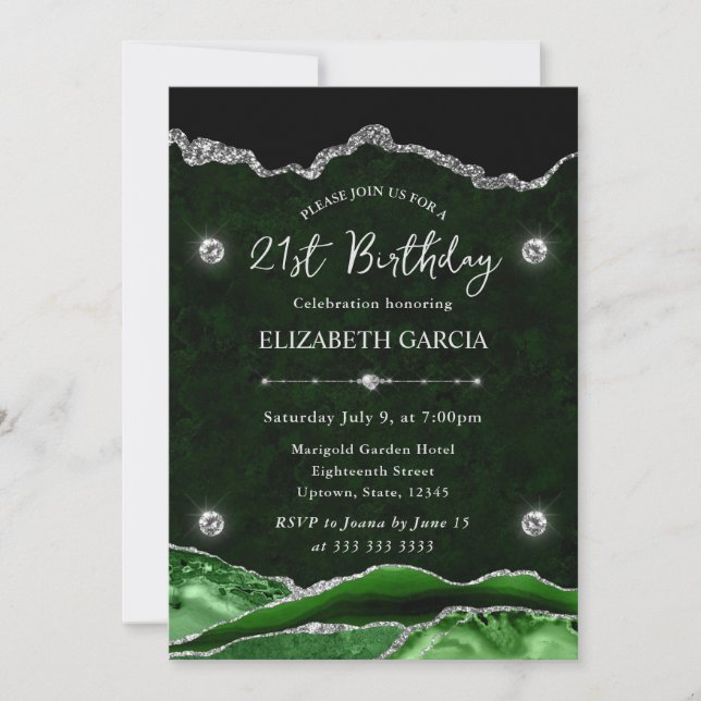 Invitation Anniversaire de 21 ans en Agate Pailletée Verte et (Devant)