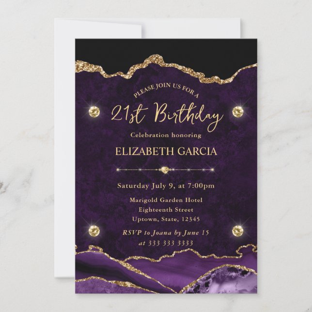 Invitation Anniversaire de 21 ans Paillettes Agate Violet et  (Devant)