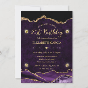Invitation Anniversaire de 21 ans Paillettes Agate Violet et 