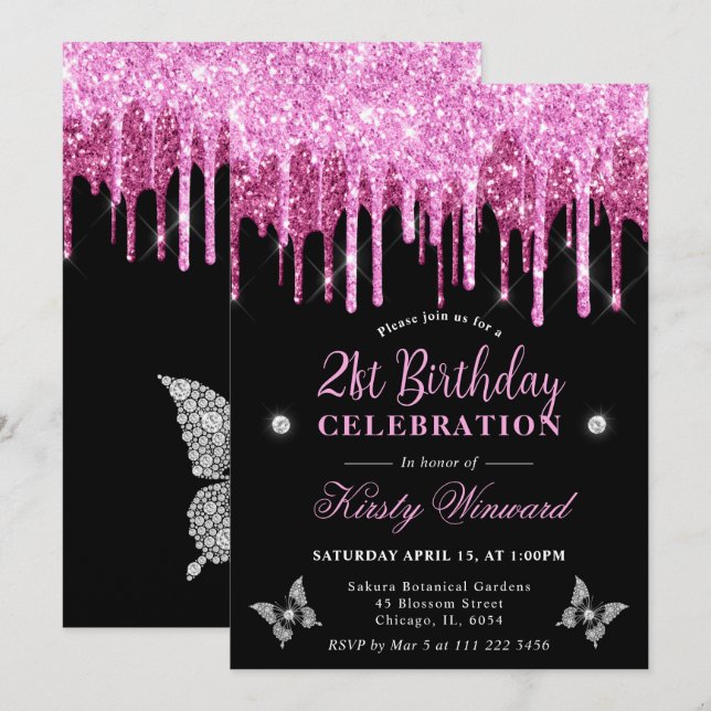 Invitation Anniversaire de 21 ans rose chaud scintillant (Devant / Derrière)