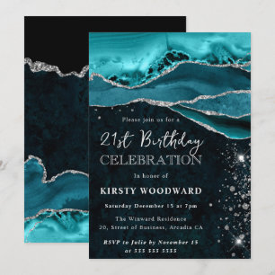 Invitation Anniversaire de 21 ans Teal et paillettes d'argent