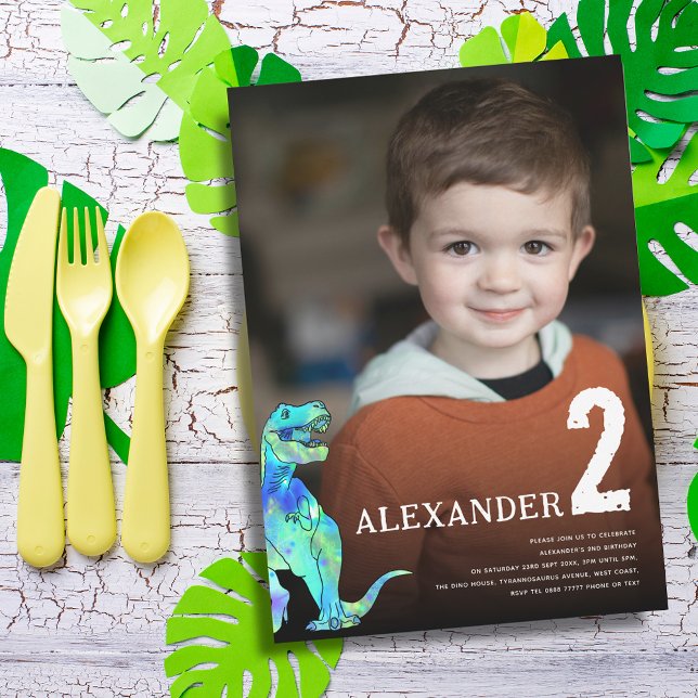 Invitation Anniversaire de 2 ans sur mesure avec dinosaure co (Colorful Dinosaur T-Rex roar personalized photo 2nd birthday party invitation)