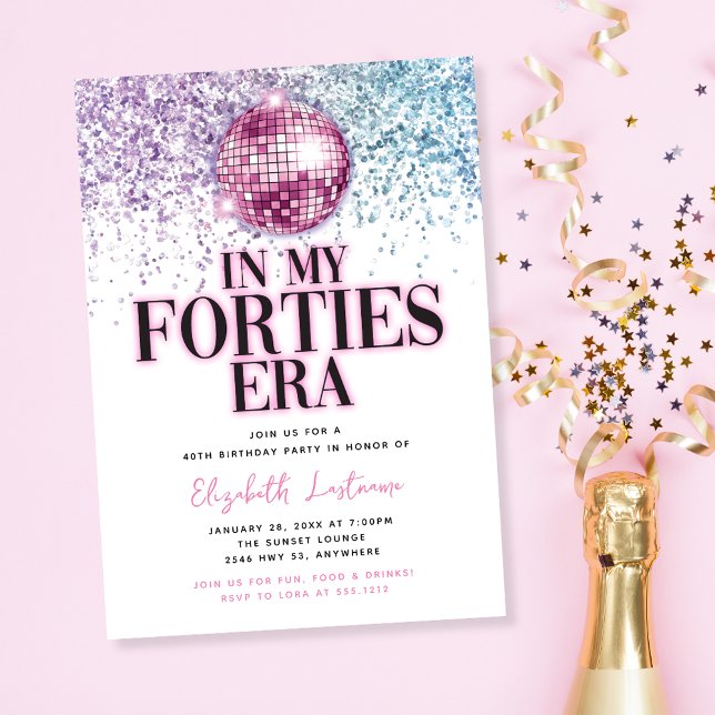 Invitation Anniversaire de 40 ans à l'ère disco tendance et p (Trendy Glitter Disco Forties Era 40th Birthday Invitation)