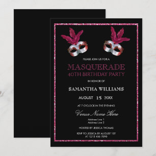 Invitation Anniversaire de 40 ans Mascarade Rose Pailleté Élé