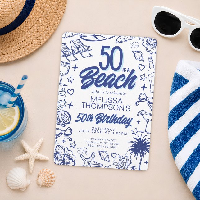 Invitation Anniversaire de 50 ans à la plage doodle dessiné à (Créateur téléchargé)