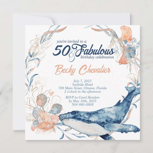 Invitation Anniversaire de 50 ans et fabuleux sur la plage oc (Devant)