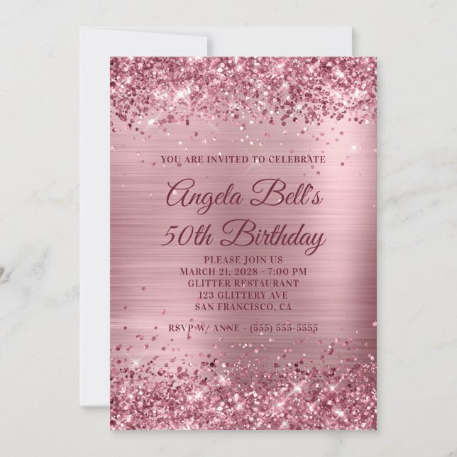 Invitation Anniversaire de 50 ans pailleté rose brillant et f (Devant)