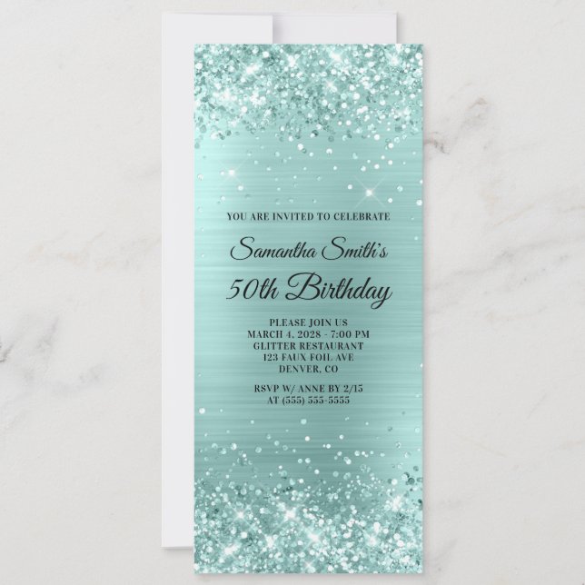 Invitation Anniversaire de 50 ans pailleté turquoise pâle (Devant)