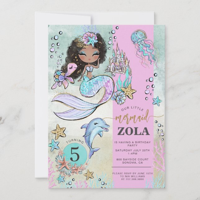Invitation Anniversaire de 5 ans de sirène modifiable sous la (Devant)