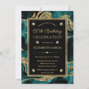 Invitation Anniversaire de 60 ans élégant sarcelle et or pail