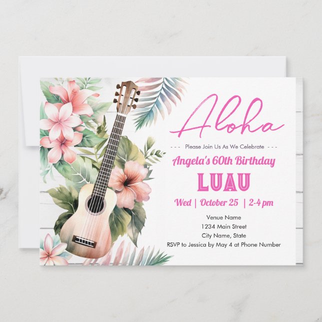 Invitation Anniversaire de 60 ans ukulele Aloha Luau (Devant)