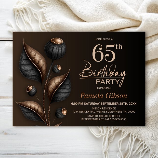 Invitation Anniversaire de 65 ans au style noir et cuivre euc (Créateur téléchargé)