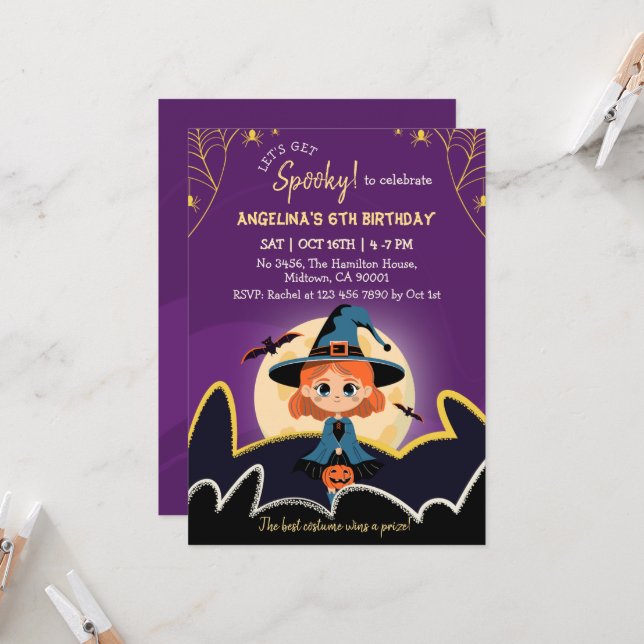 Invitation Anniversaire de 6 ans de sorcière Spooktacular Hal (Devant/Arrière en situation)