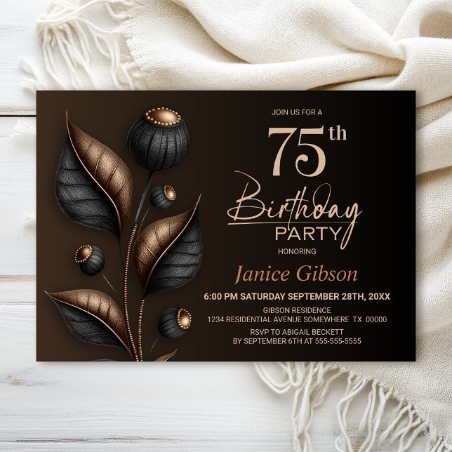 Invitation Anniversaire de 75 ans au style eucalyptus noir et (Créateur téléchargé)