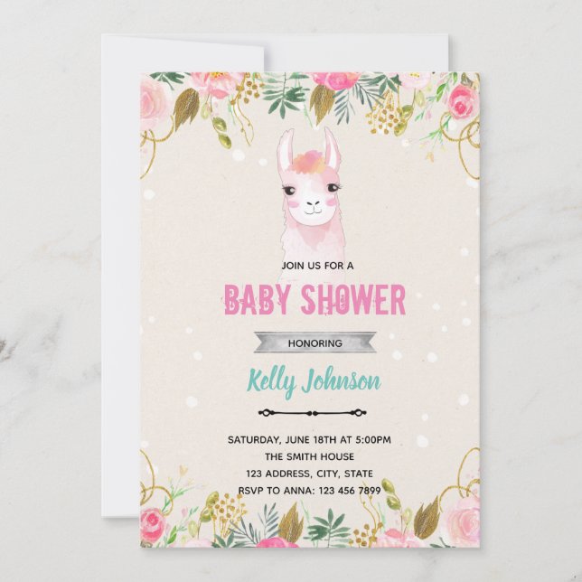 Invitation anniversaire de baby shower lama floral (Devant)