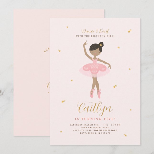 Invitation Anniversaire de Ballerina Rose & Or (Devant / Derrière)