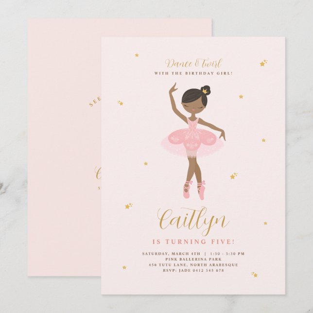 Invitation Anniversaire de Ballerina Rose & Or (Devant / Derrière)