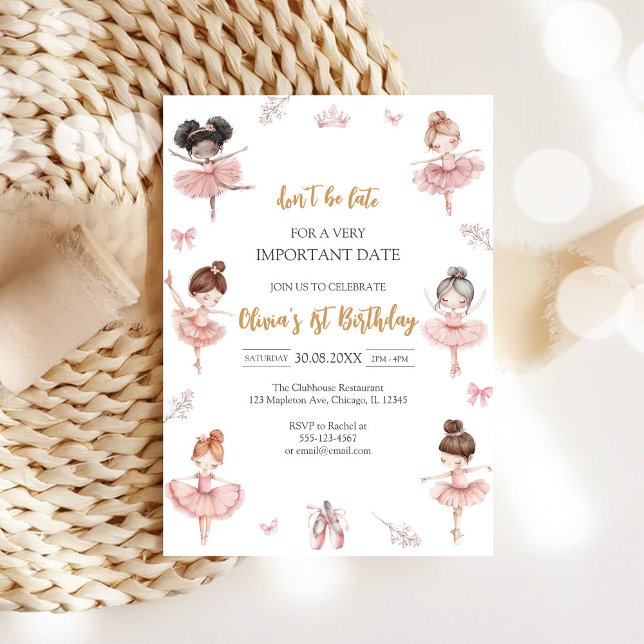 Invitation Anniversaire de Ballerine aux Rubans Roses Marron  (Créateur téléchargé)