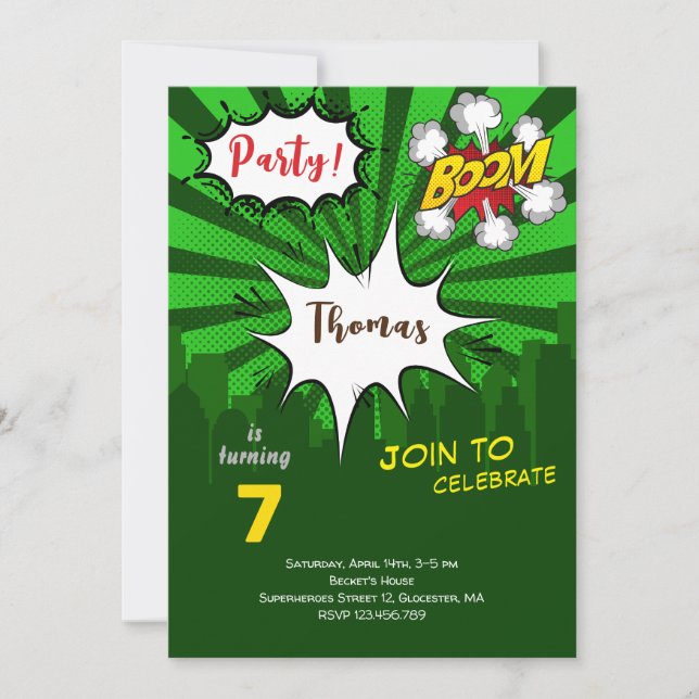 Invitation anniversaire de bande dessinée verte pop art (Devant)
