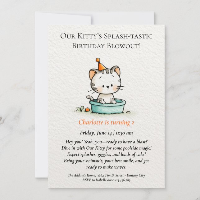 Invitation anniversaire de bébé chatte fantaisiste (Devant)