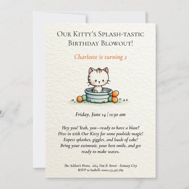Invitation anniversaire de bébé chatte fantaisiste (Devant)