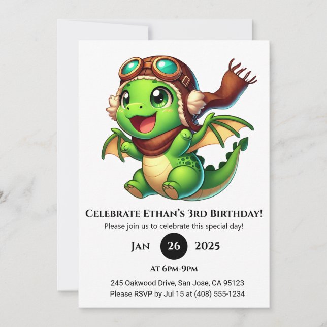 Invitation Anniversaire de bébé dragon aviateur (Devant)