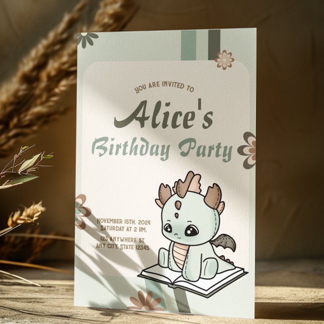 Invitation Anniversaire de bébé dragon pastel vert jaune rétr (Créateur téléchargé)