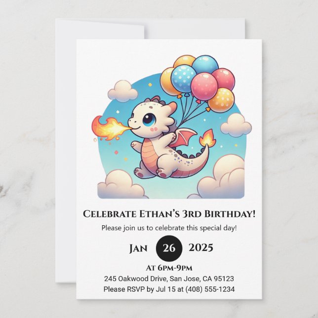 Invitation Anniversaire de bébé dragon volant avec des ballon (Devant)