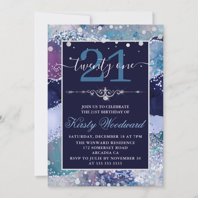 Invitation Anniversaire de Bleu & Argent Holo Paillettes d'Ag (Devant)